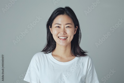 Portrait of a confident Korean girl, student, arms crossed on chest, standing over white background