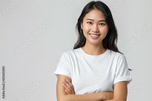 Portrait of a confident Korean girl, student, arms crossed on chest, standing over white background © Lena