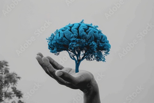 a monochromatic colored hand, palm facing upwards, holding a small tree made of blue and black leaves, half of the tree is half of a human brain, brain is a cyan color photo