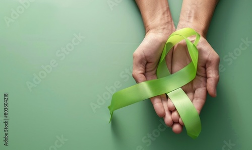 A pair of hands holding a ribbon in the color green, symbolizing cancer awareness and support for patients.