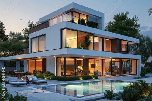 Modern house with pool, home exterior in evening with glowing interior lights and landscaping, Luxurious interior design, Apartment Buildings, garden furniture, sliding doors and decking © Zoraiz