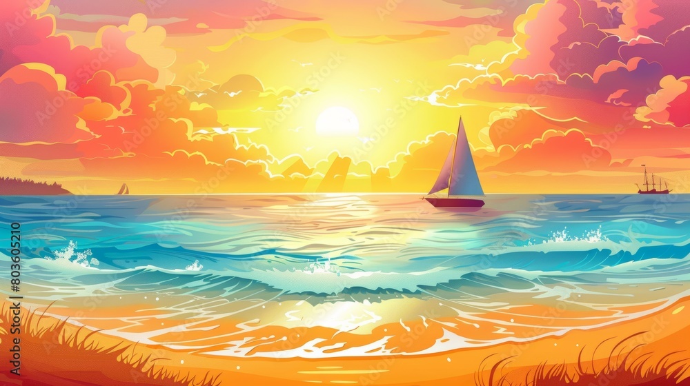 Naklejka premium Hand-painted cartoon beautiful illustration of the sea scenery under the sunset. cartoons. Illustrations