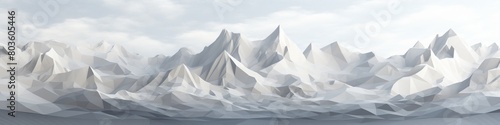 Low poly style imitation backdrop depicting a white mountain range  with varying shades of gray and white peaks  banner