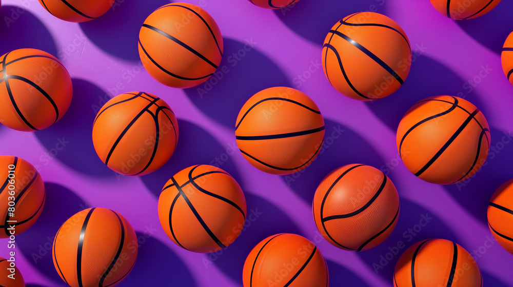 Vibrant Array of Orange Basketballs on a Textured Purple Surface