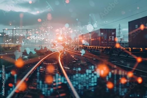 a freight train passing through an industrial area, blended with a map of global logistics networks, highlighting the importance of transportation in industry