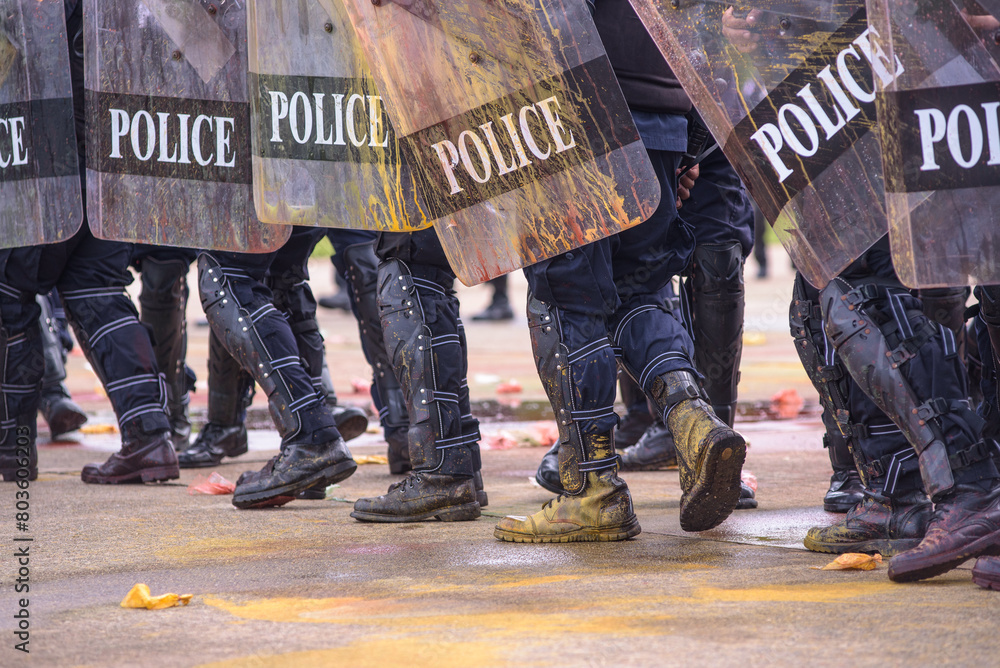 Riot police dispersed protesters and were pelted with paint.
Riot police dispersed protesters and were pelted with paint.