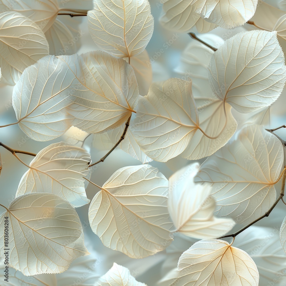 Create a serene wallpaper design using images of Dogwood leaves floating gently against a soft Create a serene wallpaper design using images of Dogwood leaves floating gently against a soft