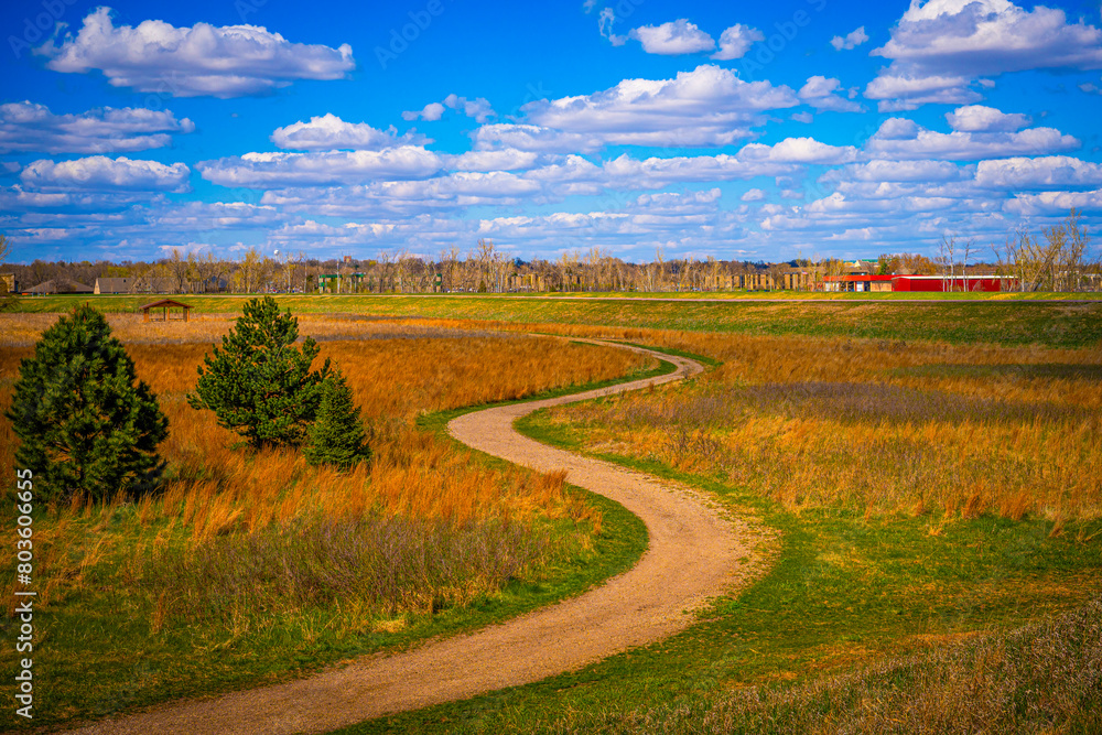 Tranquil golden meadow with curved dirt road at Sertoma Park nature conservation area in Sioux Falls, South Dakota, on a sunny spring afternoon