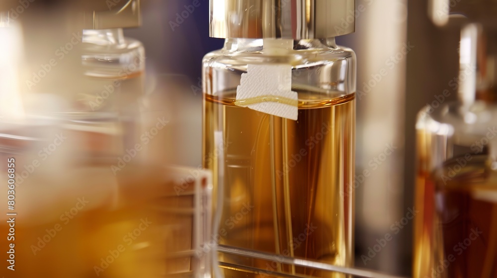 Naklejka premium Applying labels to luxury perfume bottles, close-up, detailed alignment and adhesive 