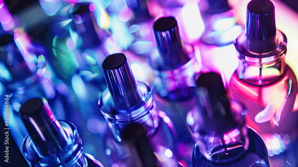 Quality control of nail polish bottles, close-up, detailed inspection under light Quality control of nail polish bottles, close-up, detailed inspection under light