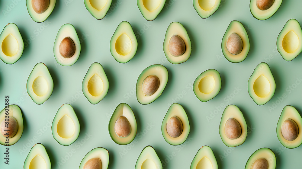 Multiple Avocados Cut in Half on a Green Background