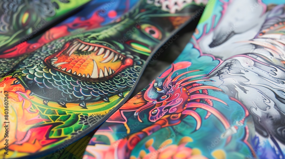 Printing designs on shoe insoles, close-up, detailed press and colorful graphics 