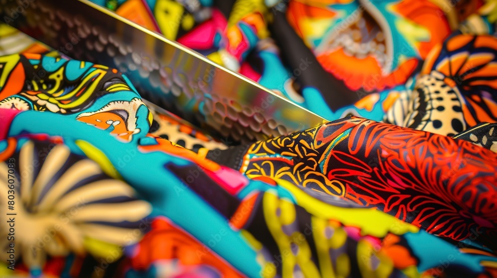 Cutting fabric for athletic shoes, close-up, detailed blade and vibrant textile patterns 