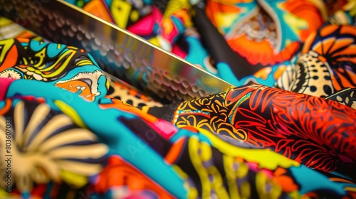 Cutting fabric for athletic shoes  close-up  detailed blade and vibrant textile patterns 