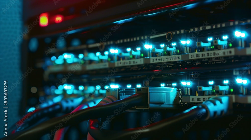 Close-up of network switch LEDs blinking rapidly, detailed connectivity status
