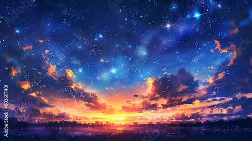 abstract fantasy background. Half moon, stars and clouds on the dark night sky background.	 photo