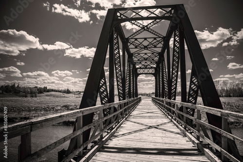 Old rustic railroad bridge over Big Sioux River walking trail near Sertoma Park in Sioux Falls, South Dakota, black and white photo