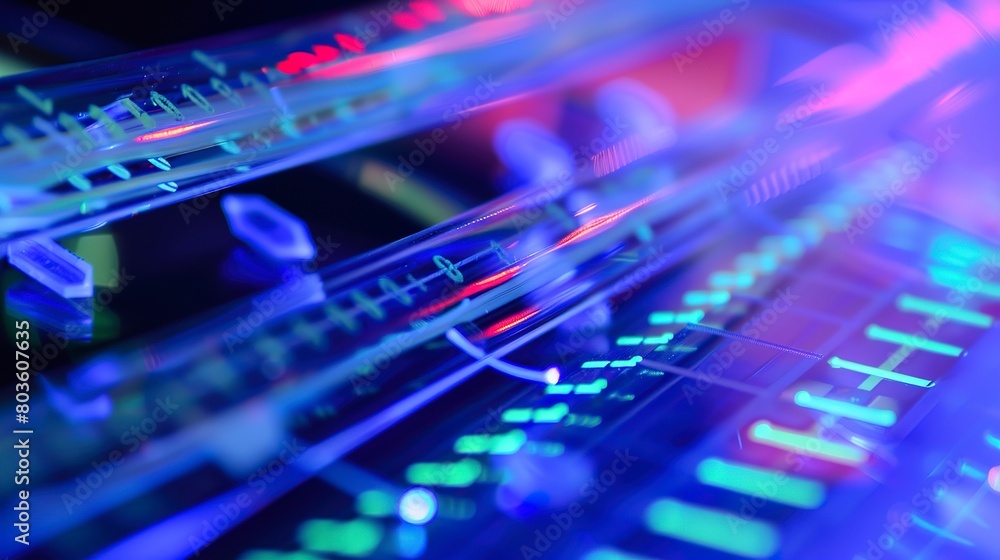 Close-up of DNA sequencing gel running, detailed bands forming and fluorescent markers Close-up of DNA sequencing gel running, detailed bands forming and fluorescent markers