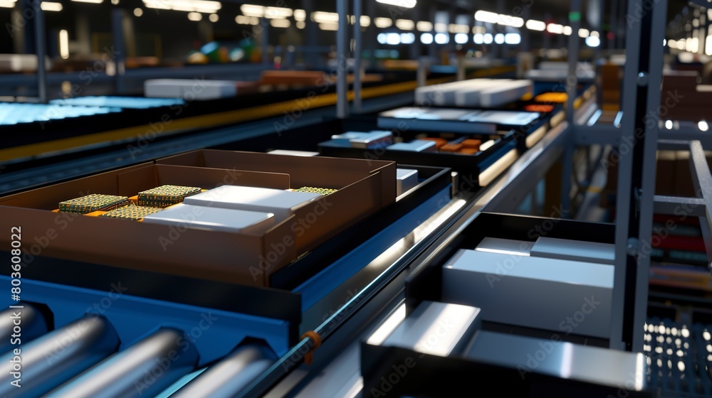 AI-driven sorting system at a factory, close-up, detailed conveyor and object recognition