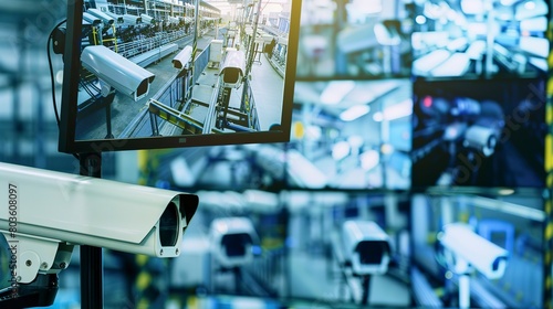 AI-enhanced surveillance in a manufacturing plant, close-up, detailed monitoring screens
