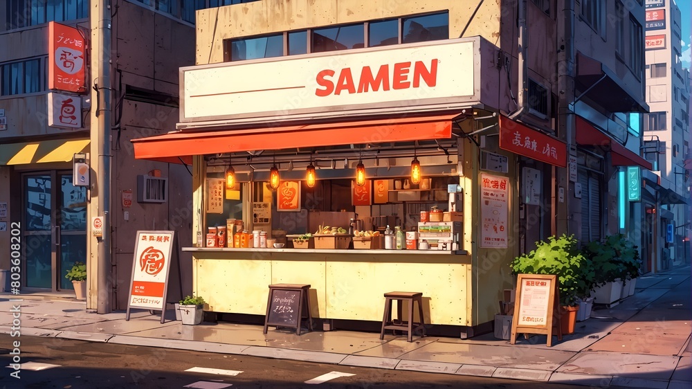 A traditional food stall on the city street with beautiful lights.