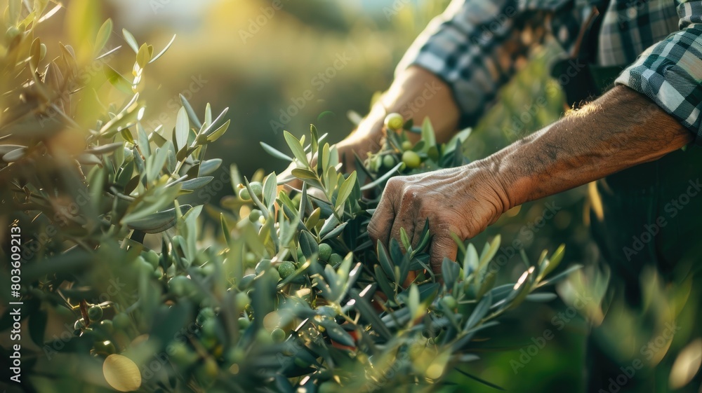 Obraz premium Person harvesting olives by hand from olive tree