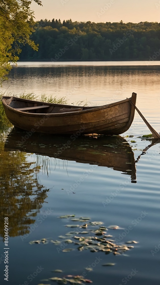 boat on the river Golden Reflections Tranquil Lakeside Sunset