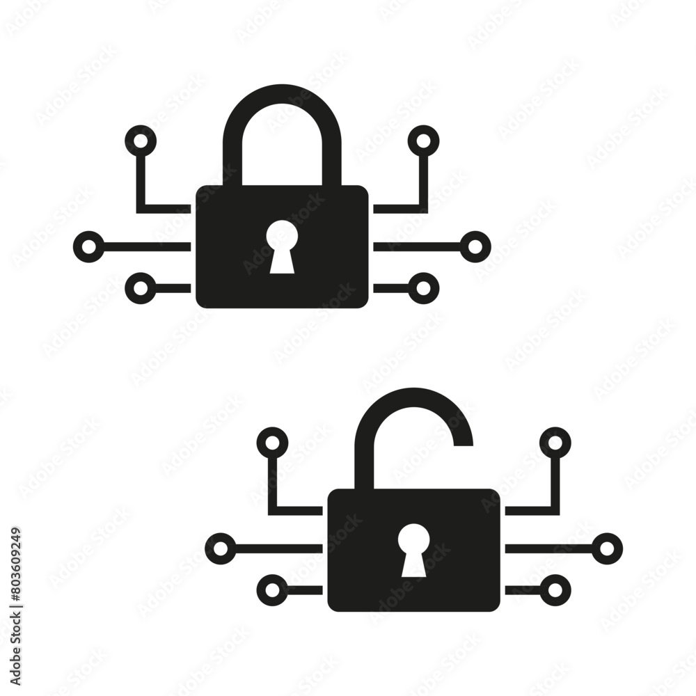 Locked and unlocked padlock with digital network connections. Cybersecurity Vector concept. Encryption and decryption illustration. Locked and unlocked padlock with digital network connections. Cybersecurity Vector concept. Encryption and decryption illustration.
