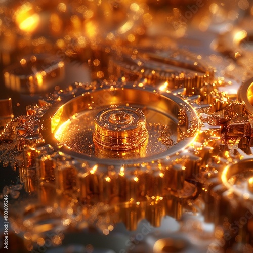 Golden Gears, Metal Machinery, A mechanical creature aiding in sustainable gold extraction, 3D Render, Spotlight, Chromatic Aberration, Lens Flare