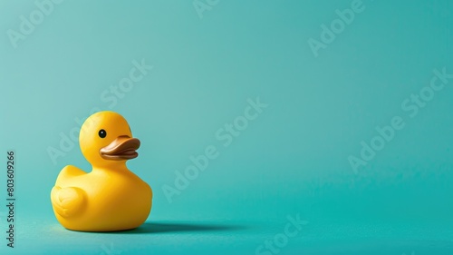 Yellow rubber duck on blue background with space photo