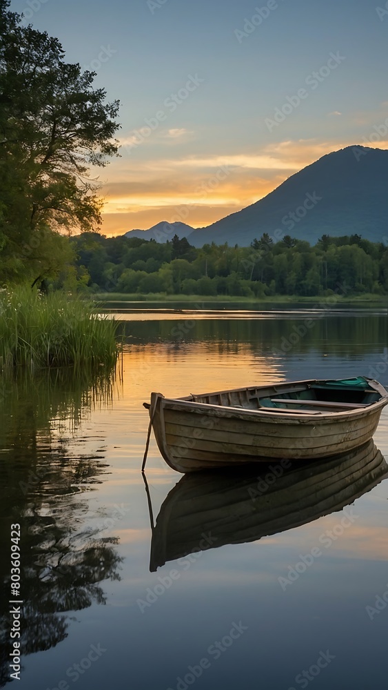 Obraz premium boat on lake Golden Reflections Tranquil Lakeside Sunset