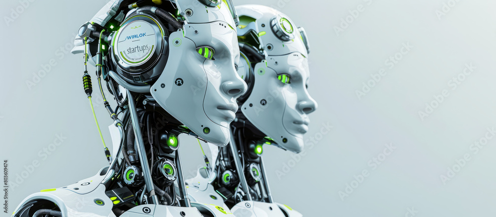 A male and female robot looks into the camera, happy faces, a white background, green eyes, and silver body parts A male and female robot looks into the camera, happy faces, a white background, green eyes, and silver body parts