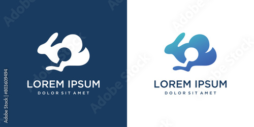 Rabbit and blue cloud logo icon. Creative light bulb logo ideas. Bunny and blue cloud logo technology idea