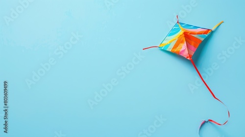 Colorful kite with tail flying against clear blue sky background