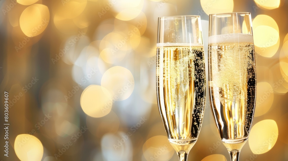 Two champagne glasses with sparkling wine against golden bokeh background Two champagne glasses with sparkling wine against golden bokeh background