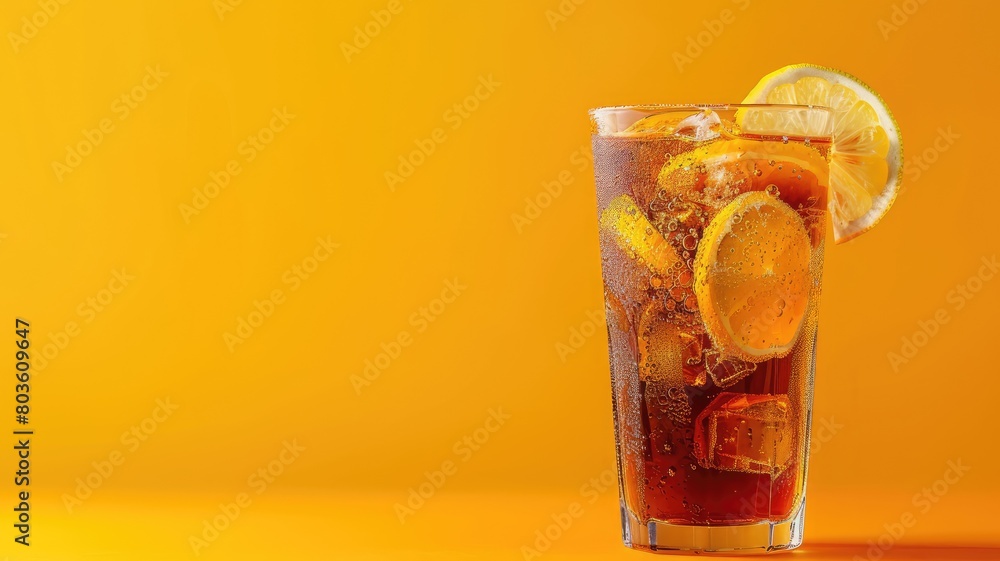 Refreshing iced tea with lemon on vibrant orange background Refreshing iced tea with lemon on vibrant orange background
