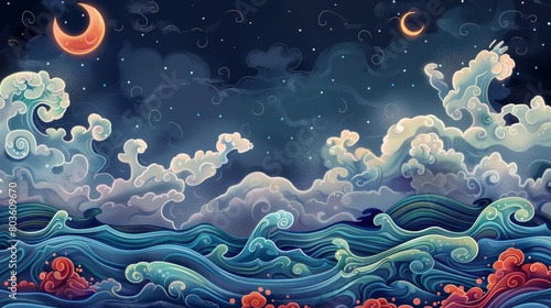 hand drawn cartoon steam wave wind night outdoor landscape illustration. cartoons. Illustrations