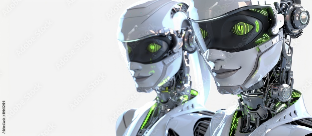 A male and female robot looks into the camera, happy faces, a white background, green eyes, and silver body parts A male and female robot looks into the camera, happy faces, a white background, green eyes, and silver body parts