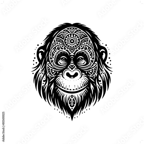 orangutan silhouette in bohemian, boho, nature illustration