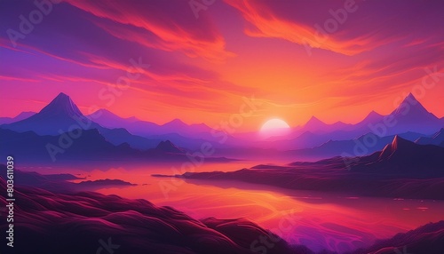  A background with silhouette landscapes against a vivid sunset, offering a dramatic