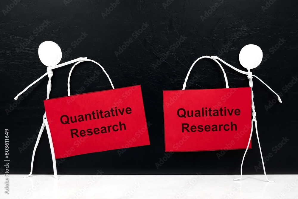 Quantitative vs qualitative research concept. Human stick figure holding red placard paper with written text.
