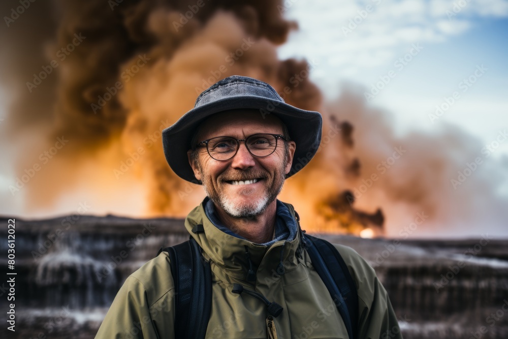 A Majestic Portrait of an Intrepid Explorer Standing Boldly Before the Towering Eruption of a Mighty Geyser A Majestic Portrait of an Intrepid Explorer Standing Boldly Before the Towering Eruption of a Mighty Geyser