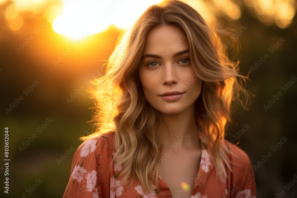 A Serene Portrait of a Young Woman Embracing the Tranquil Beauty of a Lush Nature Park at the Golden Hour of Sunset A Serene Portrait of a Young Woman Embracing the Tranquil Beauty of a Lush Nature Park at the Golden Hour of Sunset