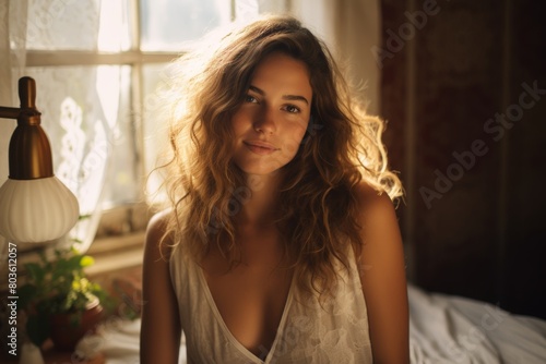 A Serene Portrait of a Young Woman with a Gentle Smile Standing Before Her Sunlit Bohemian-Styled Bedroom Oasis © aicandy