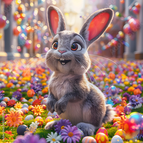 Rabbit amidst flowers and Easter eggs in field, captured in snapshot