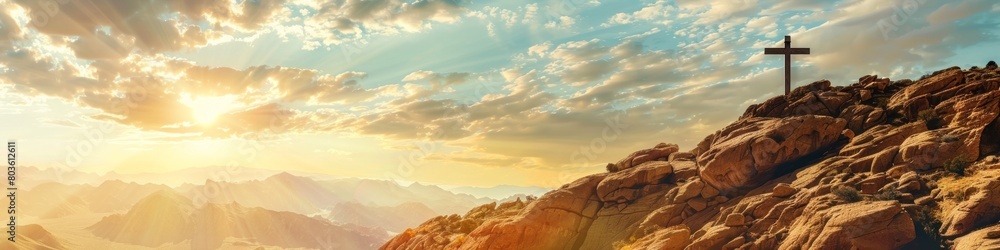Fototapeta premium Rocky reverence backdrop showcasing a crucifix atop a rugged mountain, symbolizing strength and steadfastness in faith for outdoor wallpaper, banner, copy space
