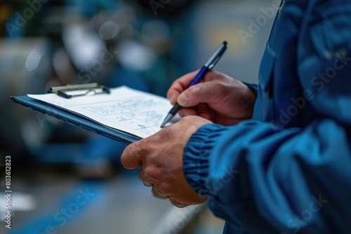 Close-up of a factory worker writing a clipboard.