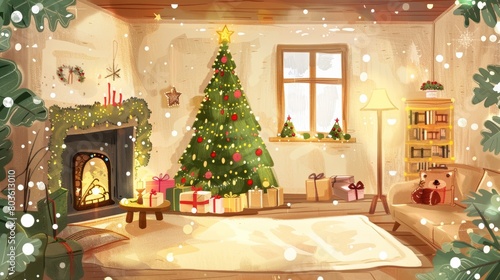 Christmas, Living room with Christmas and New Year decorated interior. cartoon or anime watercolor illustration style looping video background. cartoons. Illustrations © LofiAnimations