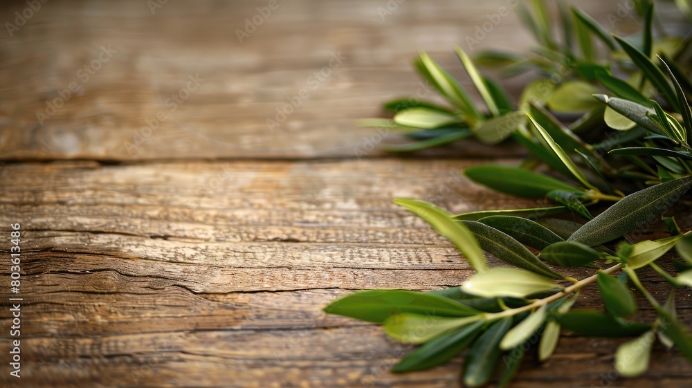 Fresh green olive branch placed on rustic wooden background Fresh green olive branch placed on rustic wooden background