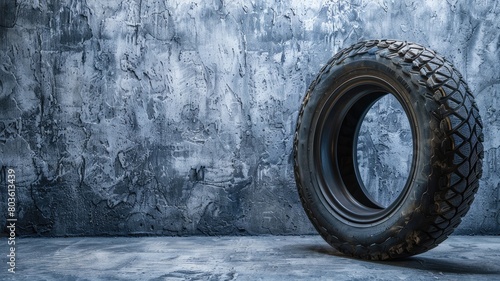 Single black tire leaning against textured grey wall on concrete floor photo